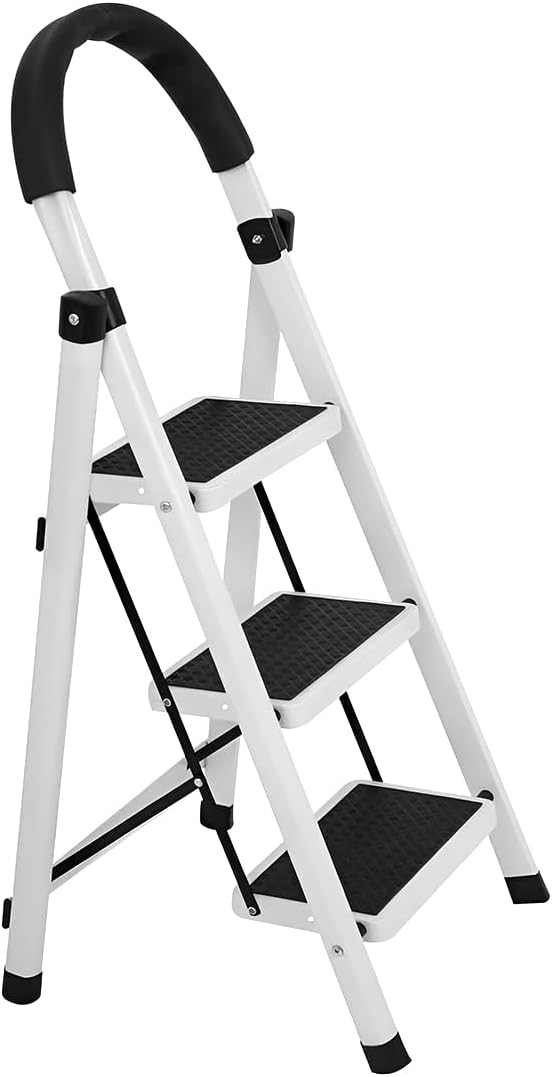 Raganet, Escalera de Tijera de 3 Peldaños, Escalera Tubular, Escalera Plegable Hecha de Acero Inoxidable, Escalones y Patas Antideslizantes, Altura Maxima 111cm Color Blanco (3 Peldaños)