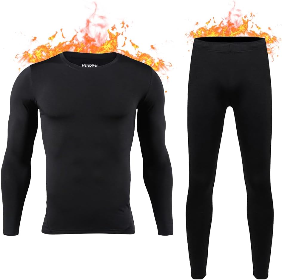 HEROBIKER - Ropa interior térmica ajustada de manga larga para hombres, esquí, invierno, caza, cálido, forro polar, conjunto de camiseta y pantalón