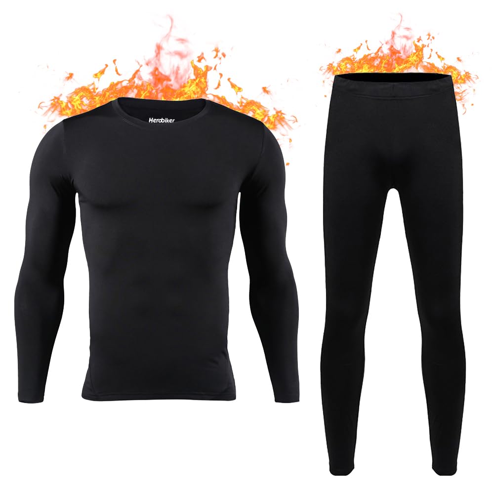 HEROBIKER - Ropa interior térmica ajustada de manga larga para hombres, esquí, invierno, caza, cálido, forro polar, conjunto de camiseta y pantalón