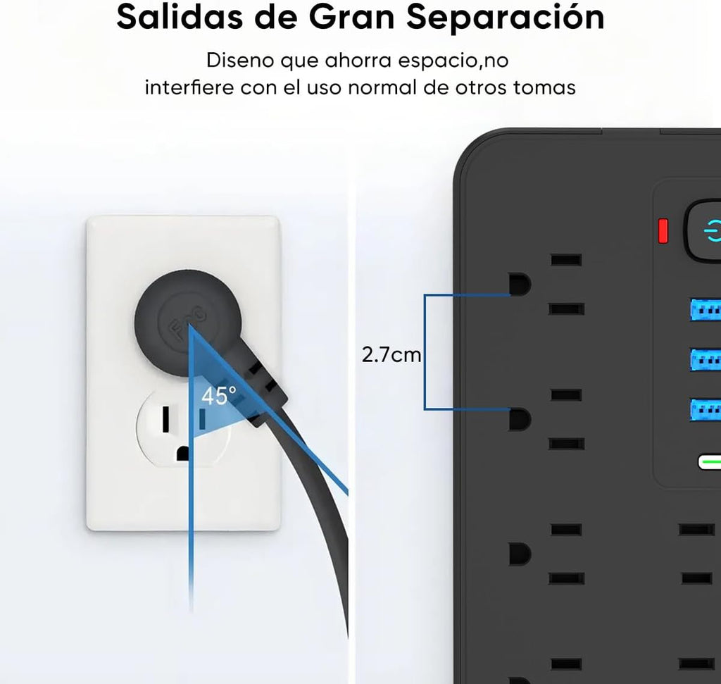 LUKITO Multicontacto Regleta 12 En1, Extensión Eléctrica con Protección contra Sobrecargas, Conector Multiple para Escritorio con Cable De 1.8m, 8 Salidas CA Y 4 Puertos USB (1 USB-c)