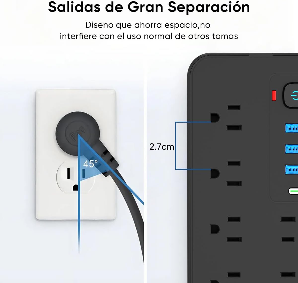 LUKITO Multicontacto Regleta 12 En1, Extensión Eléctrica con Protección contra Sobrecargas, Conector Multiple para Escritorio con Cable De 1.8m, 8 Salidas CA Y 4 Puertos USB (1 USB-c)