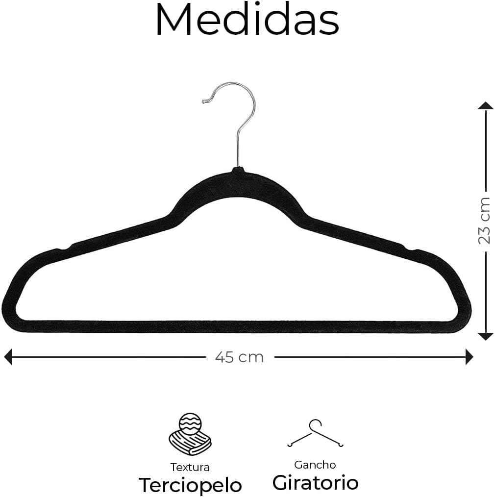 RagaBasics, Set de 50 Ganchos Metalicos Cubiertos con Terciopelo, Perchas de Alta Calidad, Gancho con Rotacion 360°, Ganchos Antideslizantes y Resistentes (Negro)