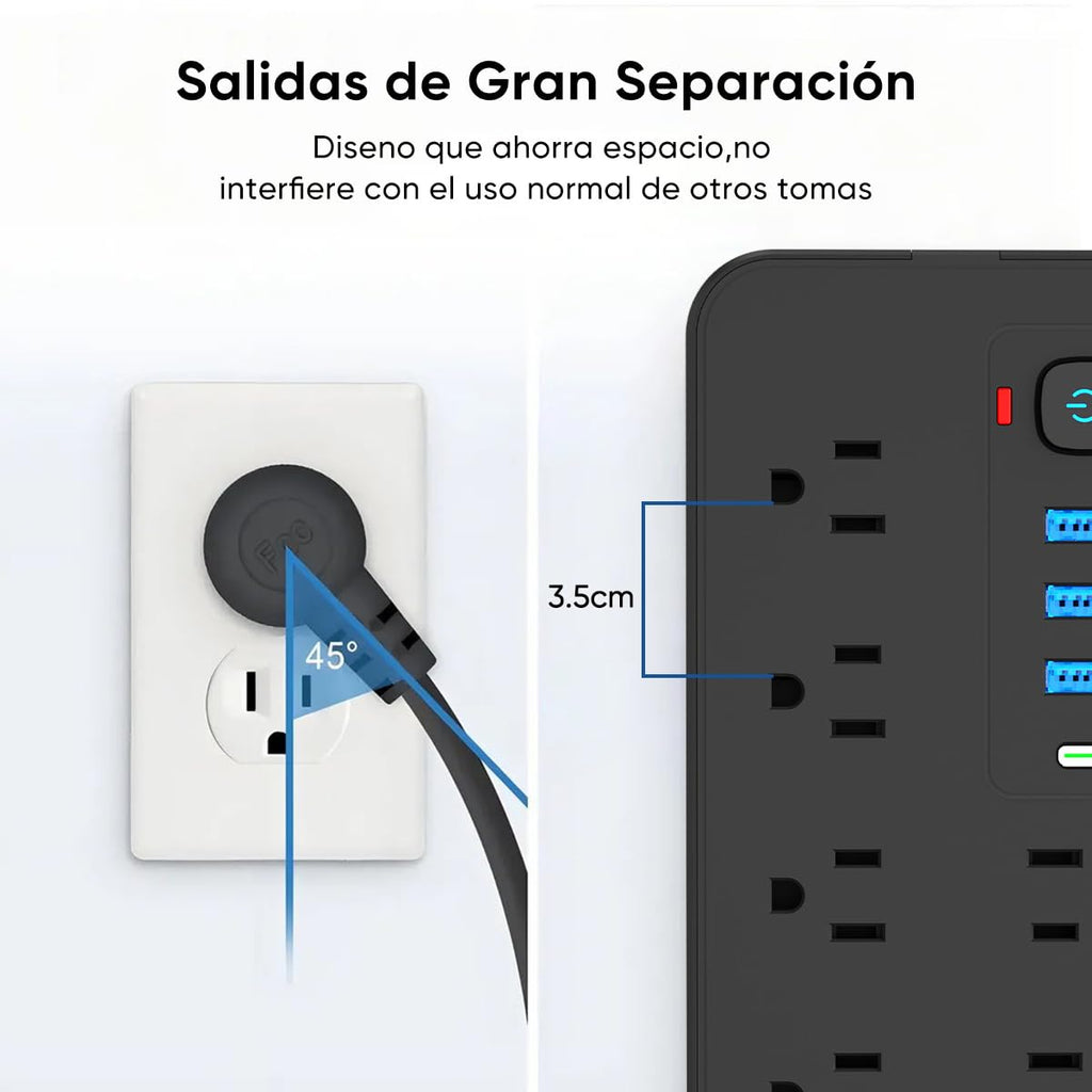 LUKITO Multicontacto Regleta 12 En1, Extensión Eléctrica con Protección contra Sobrecargas, Conector Multiple para Escritorio con Cable De 1.8m, 8 Salidas CA Y 4 Puertos USB (1 USB-c)