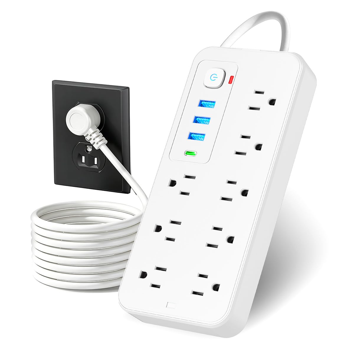LUKITO Multicontacto Regleta 12 En1, Extensión Eléctrica con Protección contra Sobrecargas, Conector Multiple para Escritorio con Cable De 1.8m, 8 Salidas CA Y 4 Puertos USB (1 USB-c)