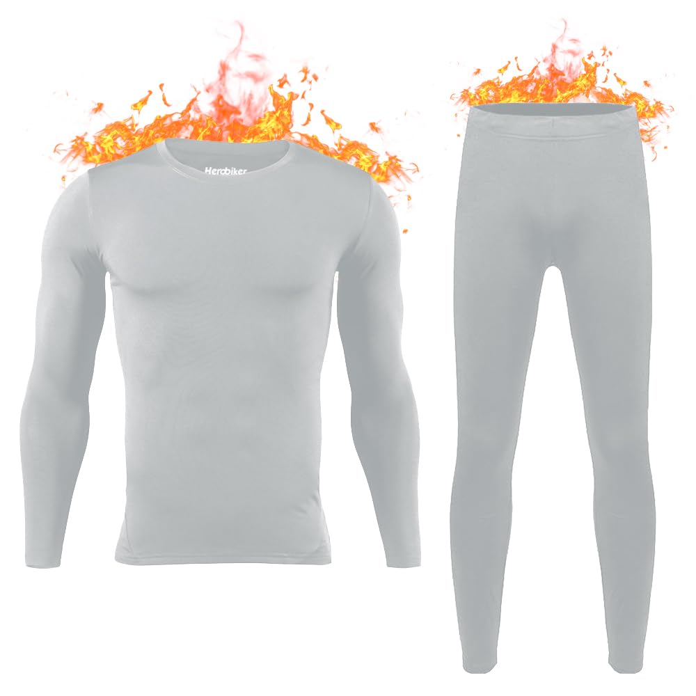 HEROBIKER - Ropa interior térmica ajustada de manga larga para hombres, esquí, invierno, caza, cálido, forro polar, conjunto de camiseta y pantalón