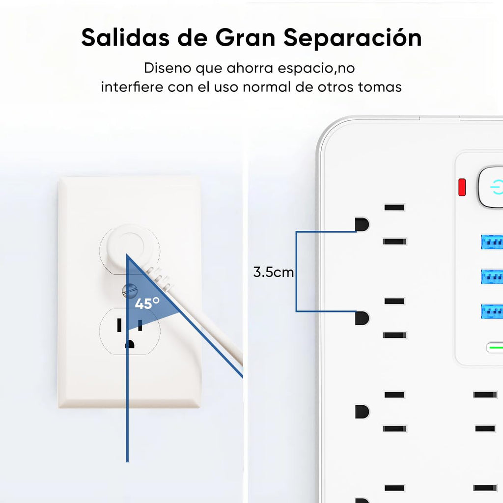 LUKITO Multicontacto Regleta 12 En1, Extensión Eléctrica con Protección contra Sobrecargas, Conector Multiple para Escritorio con Cable De 1.8m, 8 Salidas CA Y 4 Puertos USB (1 USB-c)