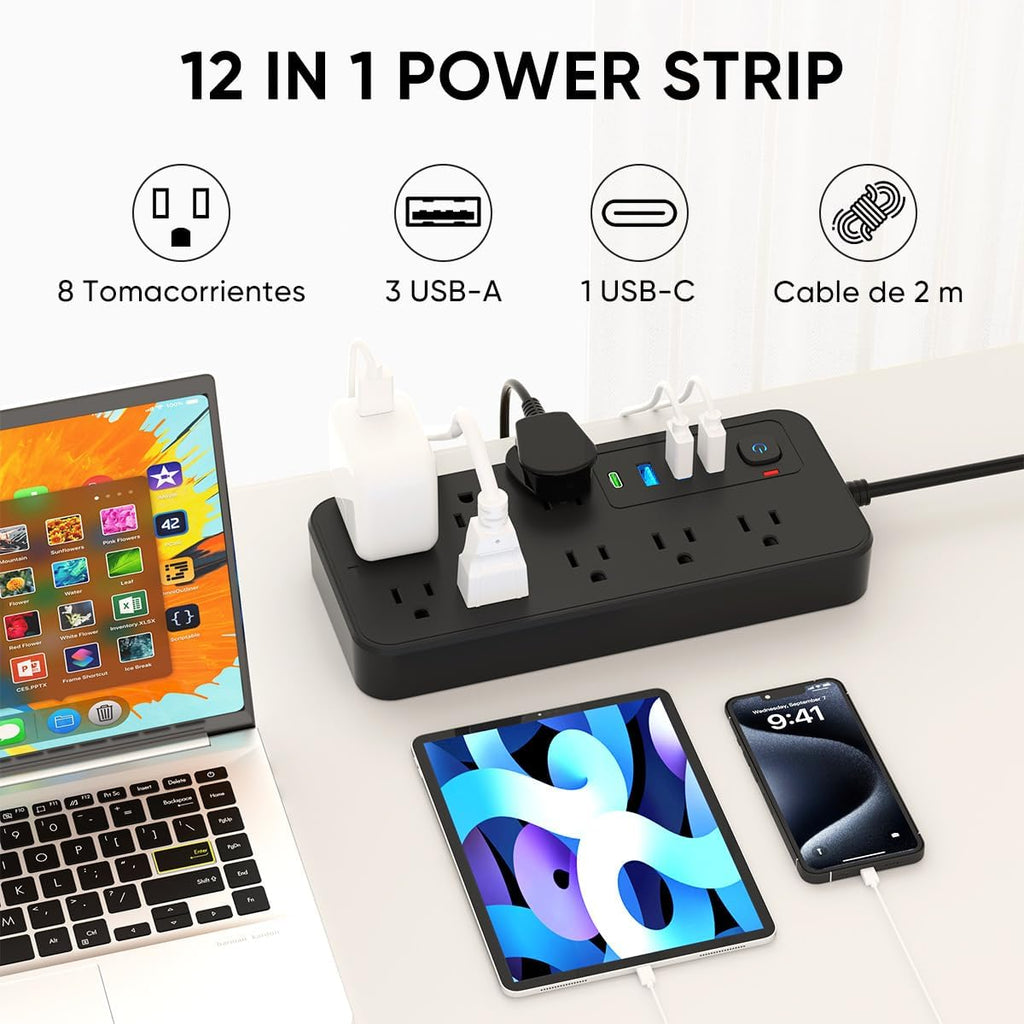 LUKITO Multicontacto Regleta 12 En1, Extensión Eléctrica con Protección contra Sobrecargas, Conector Multiple para Escritorio con Cable De 1.8m, 8 Salidas CA Y 4 Puertos USB (1 USB-c)