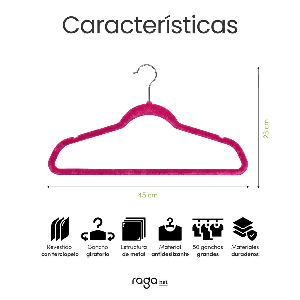 RagaBasics, Set de 50 Ganchos Metalicos Cubiertos con Terciopelo, Perchas de Alta Calidad, Gancho con Rotacion 360°, Ganchos Antideslizantes y Resistentes (Negro)