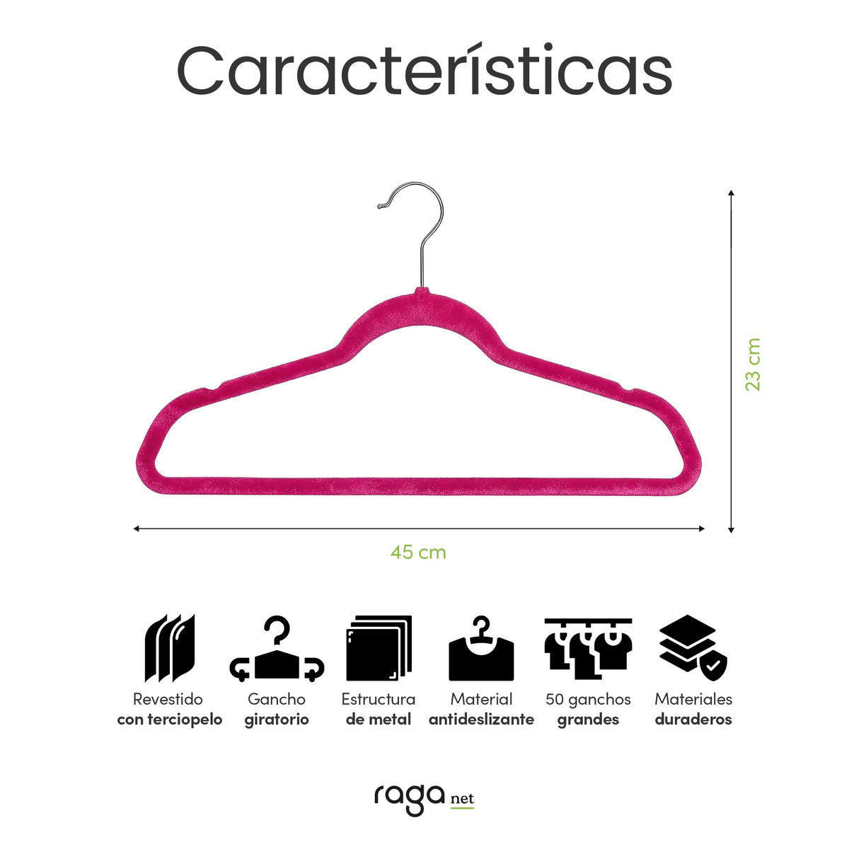 RagaBasics, Set de 50 Ganchos Metalicos Cubiertos con Terciopelo, Perchas de Alta Calidad, Gancho con Rotacion 360°, Ganchos Antideslizantes y Resistentes (Negro)