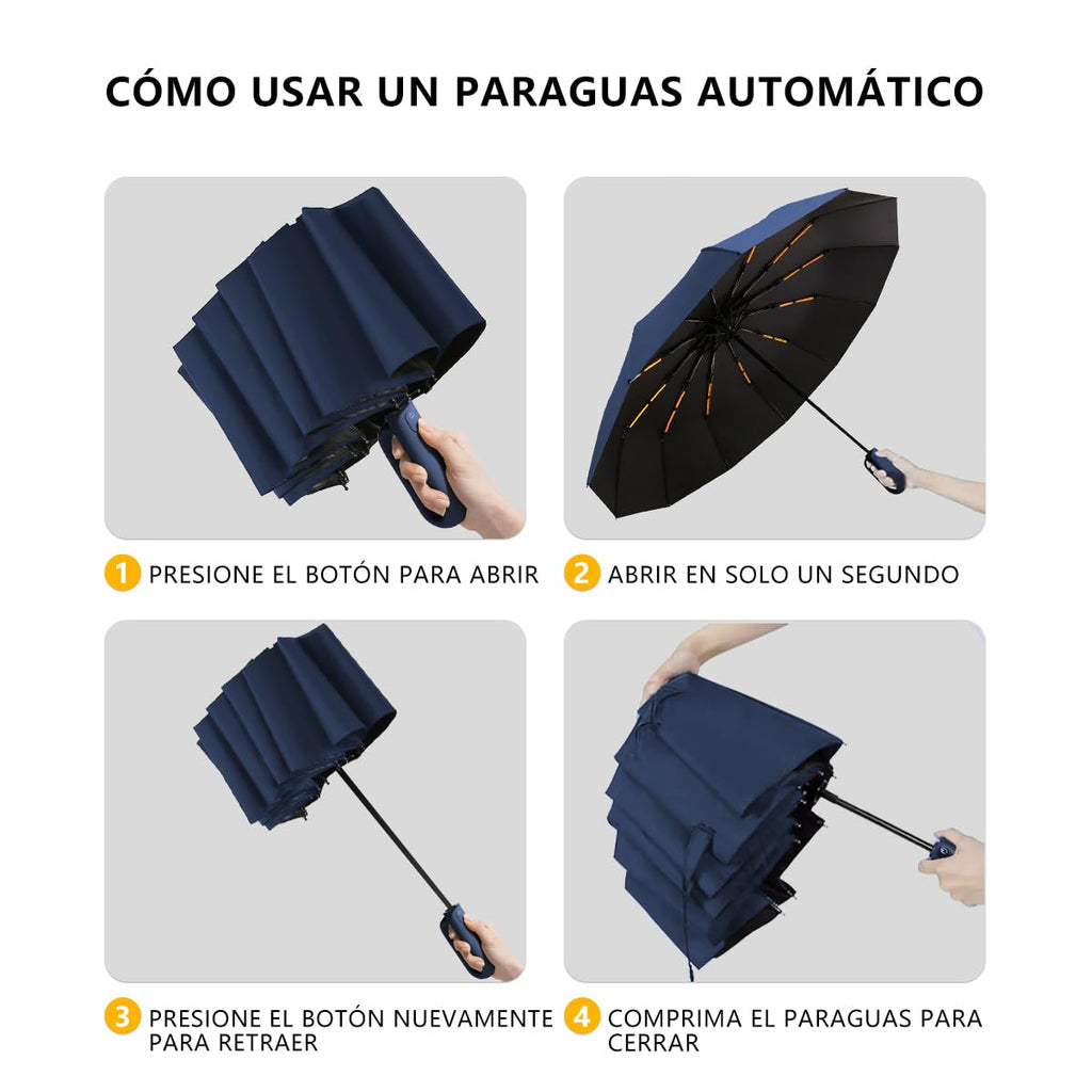 Paraguas Plegable Automático con Hebilla de Anillo, Paraguas de Bolsillo Reforzado, Sombrilla Grande Resistente al Viento, Con 20 Varillas Reflectantes y Protección UV, Para Hombres y Mujeres