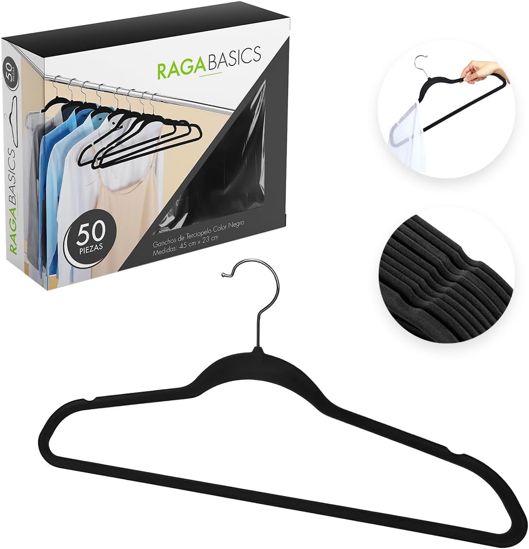 RagaBasics, Set de 50 Ganchos Metalicos Cubiertos con Terciopelo, Perchas de Alta Calidad, Gancho con Rotacion 360°, Ganchos Antideslizantes y Resistentes (Negro)