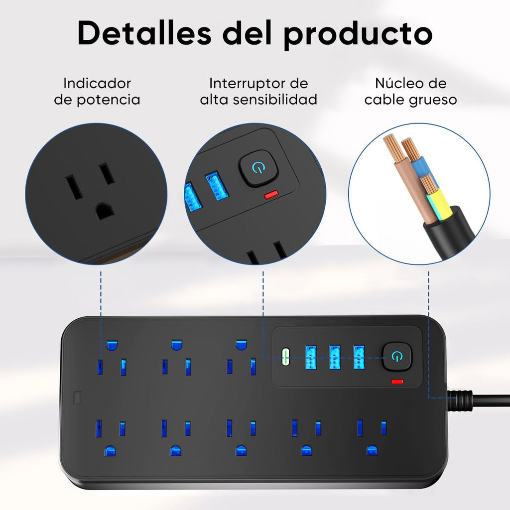 LUKITO Multicontacto Regleta 12 En1, Extensión Eléctrica con Protección contra Sobrecargas, Conector Multiple para Escritorio con Cable De 1.8m, 8 Salidas CA Y 4 Puertos USB (1 USB-c)