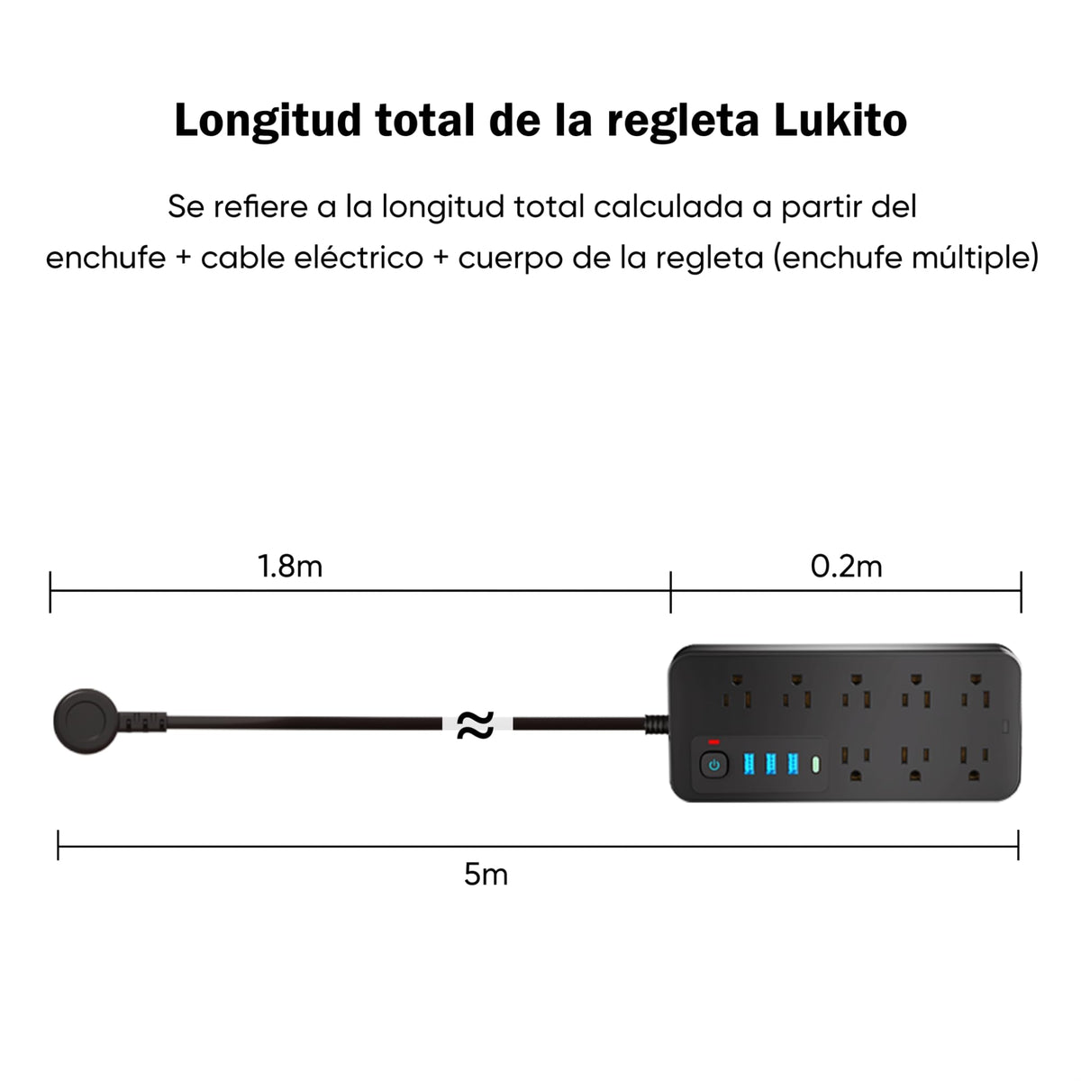 LUKITO Multicontacto Regleta 12 En1, Extensión Eléctrica con Protección contra Sobrecargas, Conector Multiple para Escritorio con Cable De 1.8m, 8 Salidas CA Y 4 Puertos USB (1 USB-c)
