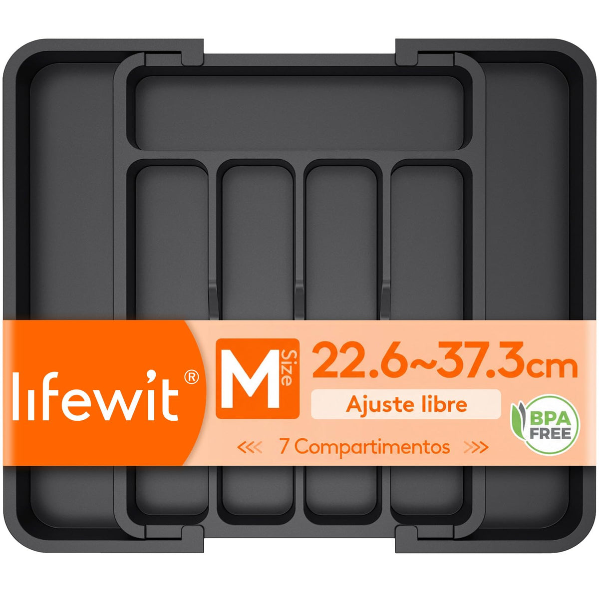 Lifewit Organizador de Cubiertos, Bandeja para Cubiertos Extensible, Cubertero para Cajón para Menaje, Organizador de Cubertería Ajustable y Compacto para Cucharas Tenedores Cuchillos, Grande, Negro