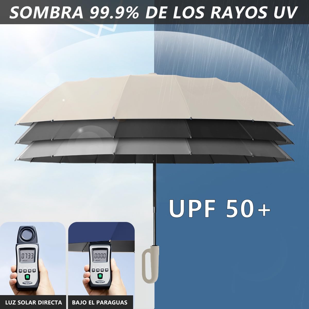 Paraguas Plegable Automático con Hebilla de Anillo, Paraguas de Bolsillo Reforzado, Sombrilla Grande Resistente al Viento, Con 20 Varillas Reflectantes y Protección UV, Para Hombres y Mujeres