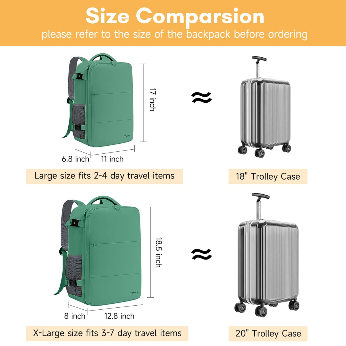 Mochila de viaje Taygeer de 35L, 10 kg para avión, para hombre y mujer, negra