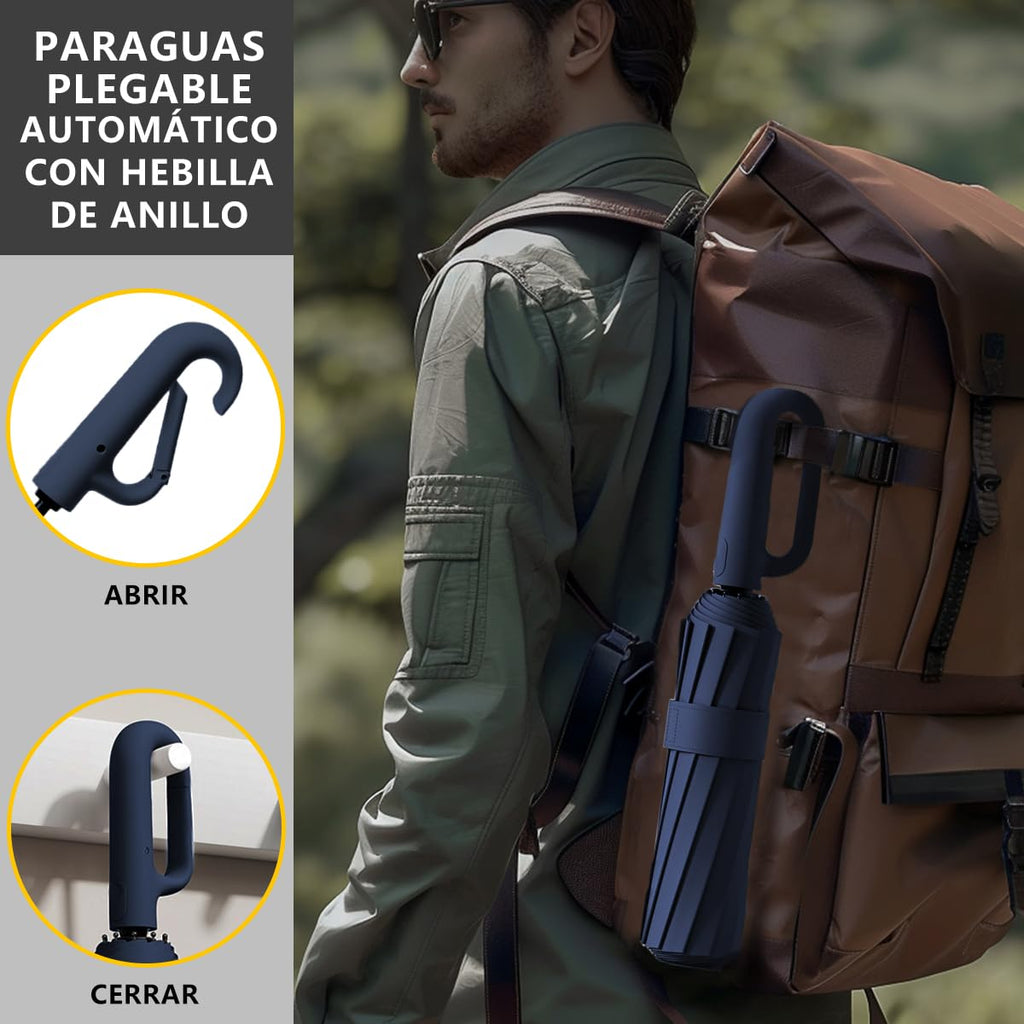 Paraguas Plegable Automático con Hebilla de Anillo, Paraguas de Bolsillo Reforzado, Sombrilla Grande Resistente al Viento, Con 20 Varillas Reflectantes y Protección UV, Para Hombres y Mujeres