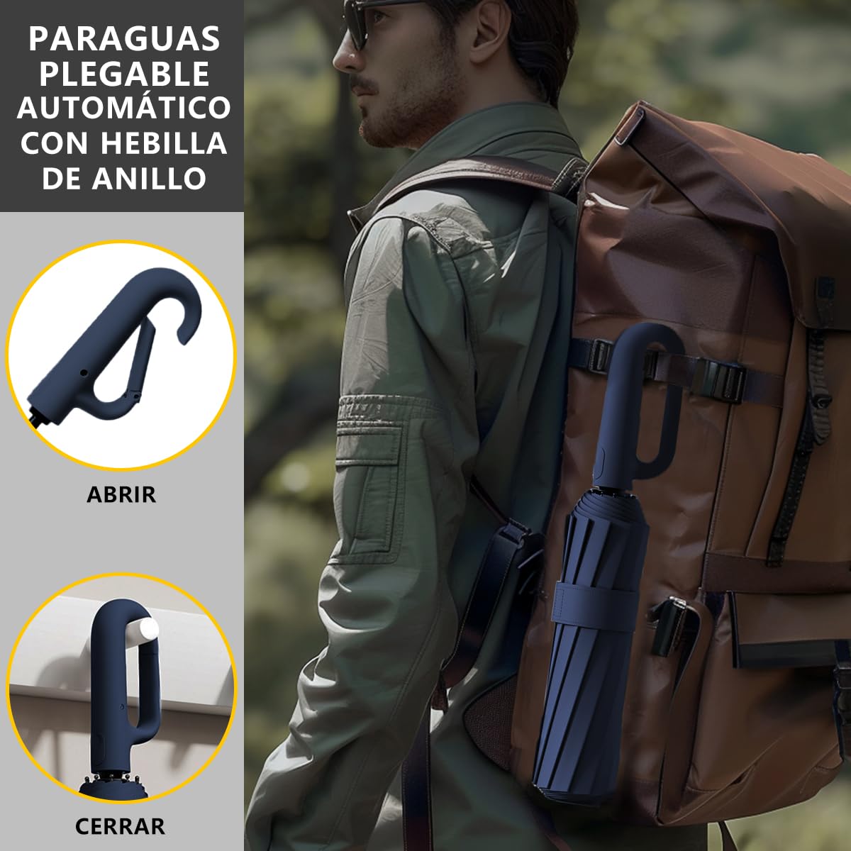 Paraguas Plegable Automático con Hebilla de Anillo, Paraguas de Bolsillo Reforzado, Sombrilla Grande Resistente al Viento, Con 20 Varillas Reflectantes y Protección UV, Para Hombres y Mujeres