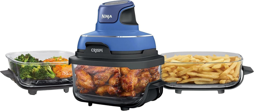 Ninja Crispi FN103 Freidora de Aire Portátil 5 en 1, Sistema de Cocción de Vidrio TempWare de 1500 W, 3 Recipientes de 3.8 L, 2.4 L y 1.4 L, Libre de PFAS, Azul (Reacondicionado)