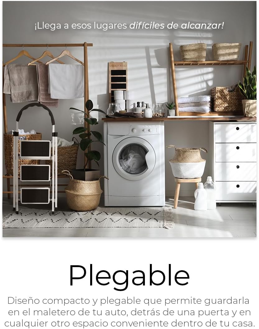 Raganet, Escalera de Tijera de 3 Peldaños, Escalera Tubular, Escalera Plegable Hecha de Acero Inoxidable, Escalones y Patas Antideslizantes, Altura Maxima 111cm Color Blanco (3 Peldaños)