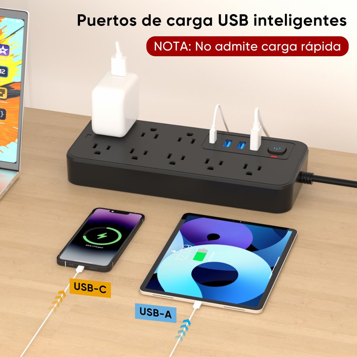 LUKITO Multicontacto Regleta 12 En1, Extensión Eléctrica con Protección contra Sobrecargas, Conector Multiple para Escritorio con Cable De 1.8m, 8 Salidas CA Y 4 Puertos USB (1 USB-c)