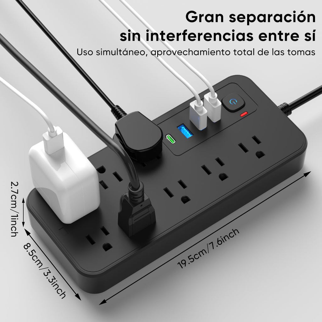 LUKITO Multicontacto Regleta 12 En1, Extensión Eléctrica con Protección contra Sobrecargas, Conector Multiple para Escritorio con Cable De 1.8m, 8 Salidas CA Y 4 Puertos USB (1 USB-c)