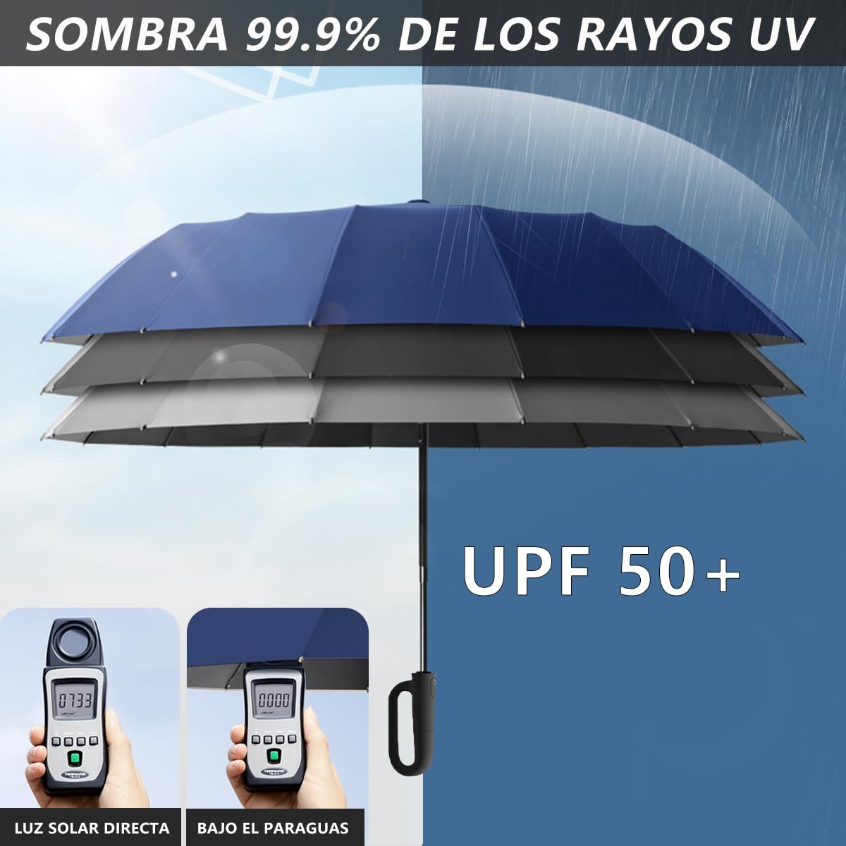 Paraguas Plegable Automático con Hebilla de Anillo, Paraguas de Bolsillo Reforzado, Sombrilla Grande Resistente al Viento, Con 20 Varillas Reflectantes y Protección UV, Para Hombres y Mujeres