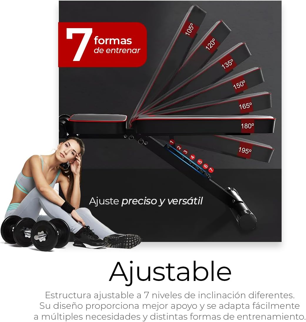 Banco de Pesas Ajustable Raganet 7 Posiciones – Plegable hasta 250 kg | Incluye 2 Ligas