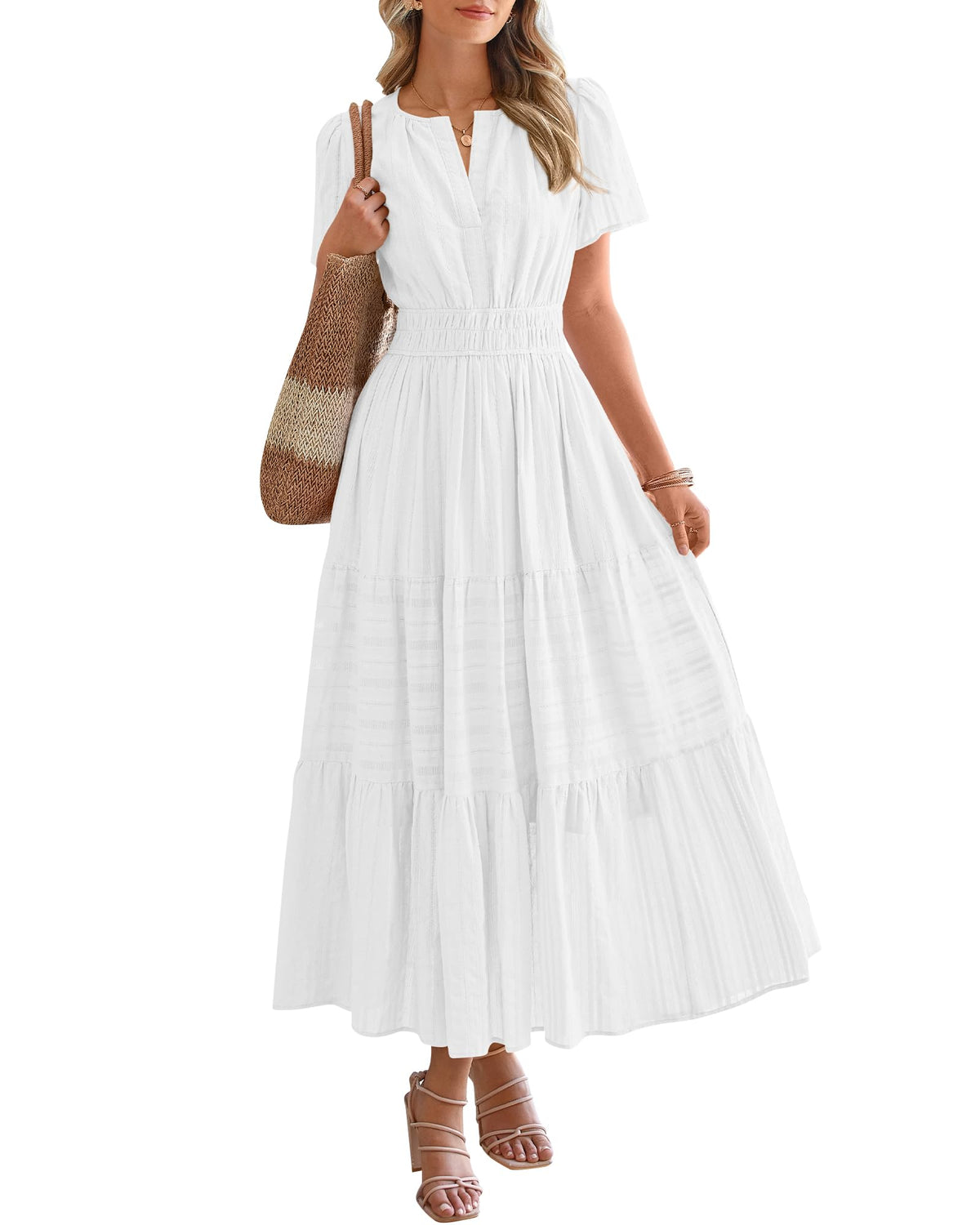 BTFBM - Vestido largo casual de verano 2025 midi y maxi para mujer, ligero, manga corta, cuello en V, cintura elástica, con bolsillos, estilo bohemio para playa