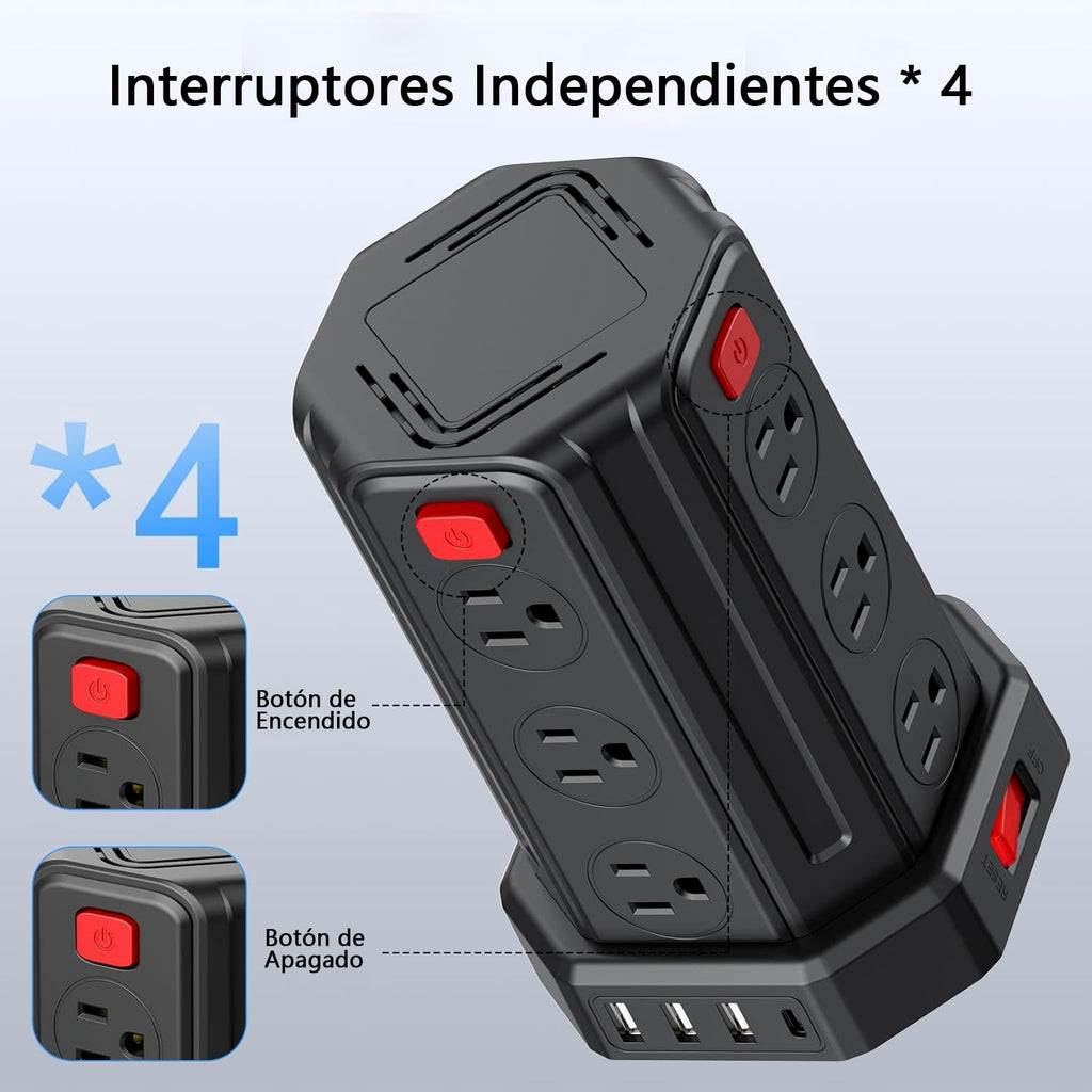 SMALLRT Torre Regleta Multicontacto, Extensión Eléctrica Plana de 3.04M, Negro