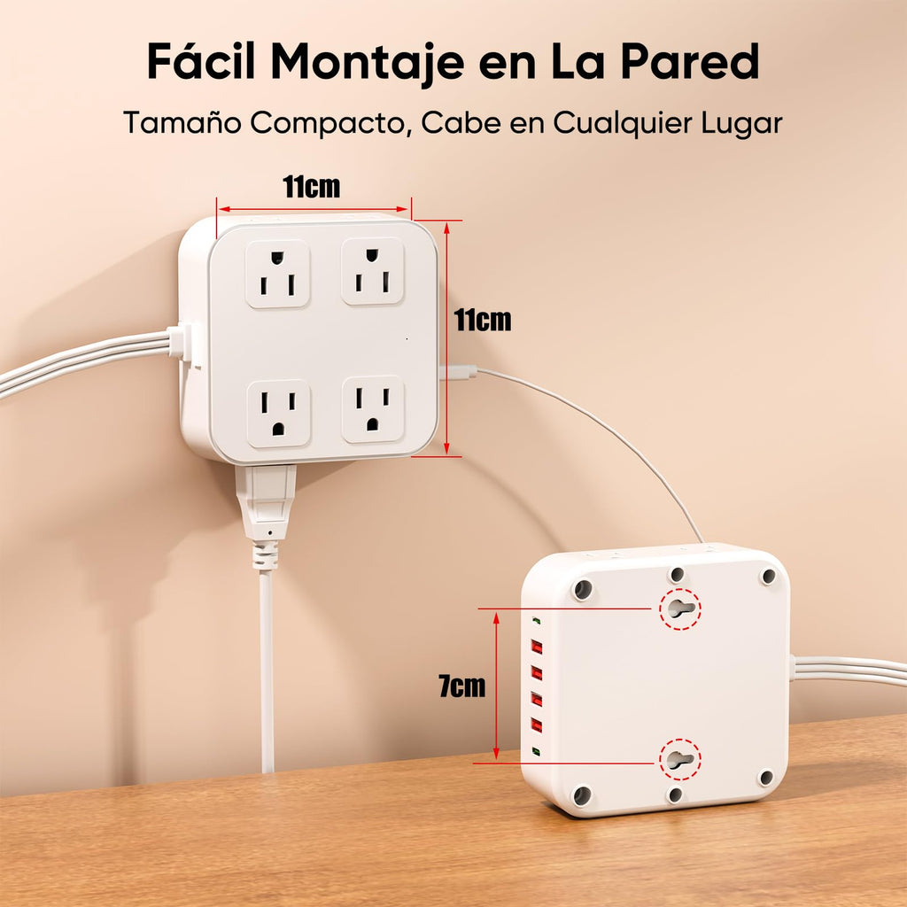 LUKITO Multicontacto Regleta 12 En1, Extensión Eléctrica con Protección contra Sobrecargas, Conector Multiple para Escritorio con Cable De 1.8m, 8 Salidas CA Y 4 Puertos USB (1 USB-c)
