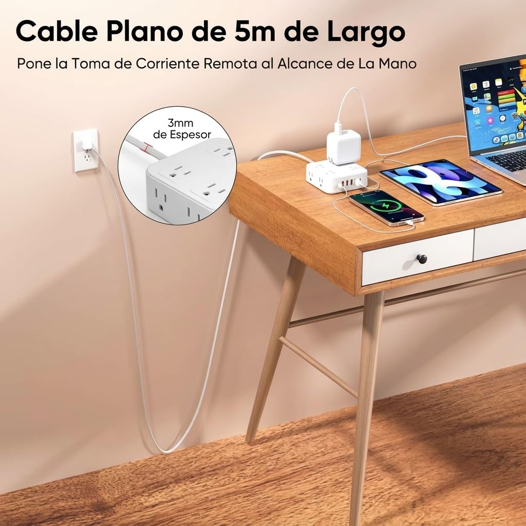 LUKITO Multicontacto Regleta 12 En1, Extensión Eléctrica con Protección contra Sobrecargas, Conector Multiple para Escritorio con Cable De 1.8m, 8 Salidas CA Y 4 Puertos USB (1 USB-c)