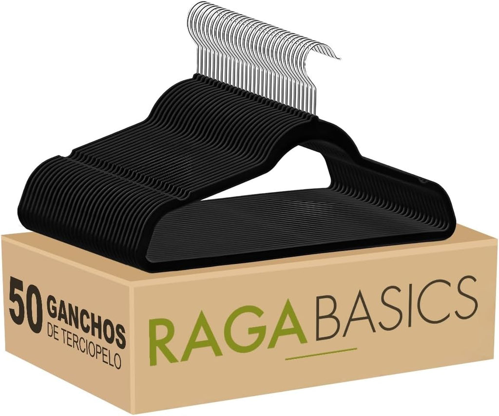 RagaBasics, Set de 50 Ganchos Metalicos Cubiertos con Terciopelo, Perchas de Alta Calidad, Gancho con Rotacion 360°, Ganchos Antideslizantes y Resistentes (Negro)