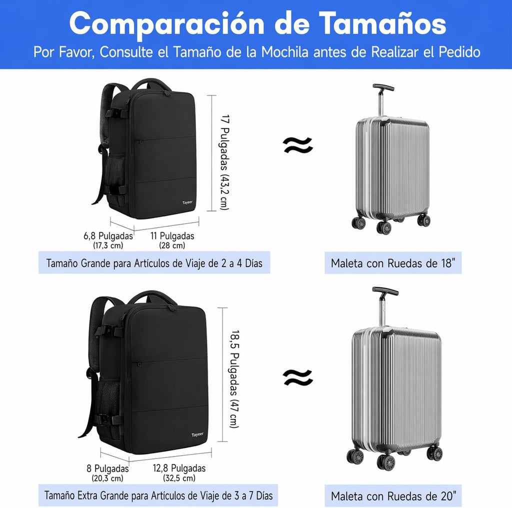 Mochila de viaje Taygeer de 35L, 10 kg para avión, para hombre y mujer, negra