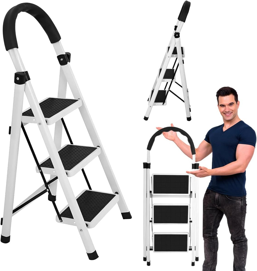 Raganet, Escalera de Tijera de 3 Peldaños, Escalera Tubular, Escalera Plegable Hecha de Acero Inoxidable, Escalones y Patas Antideslizantes, Altura Maxima 111cm Color Blanco (3 Peldaños)