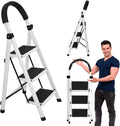Raganet, Escalera de Tijera de 3 Peldaños, Escalera Tubular, Escalera Plegable Hecha de Acero Inoxidable, Escalones y Patas Antideslizantes, Altura Maxima 111cm Color Blanco (3 Peldaños)