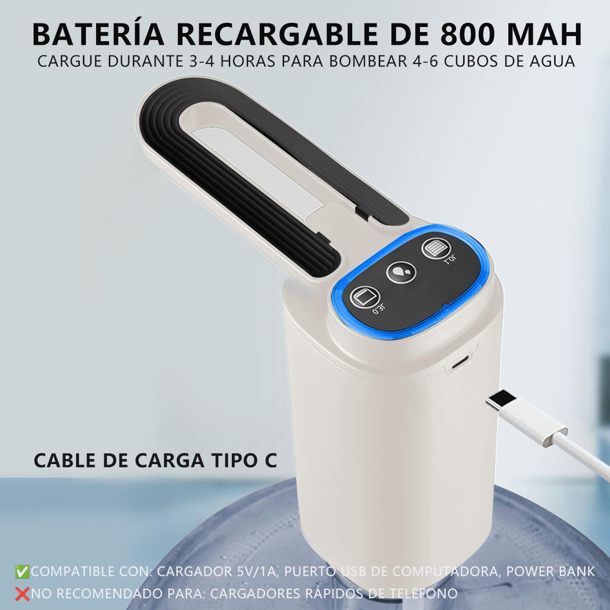 Dispensador de Agua Garrafón Plegable con 3 Modos y Luz LED, Bomba de Agua de Inalámbrica Recargable Portátil, Despachador de Agua Automático Rápido para Botellas de Galón de 4.5L a 20L