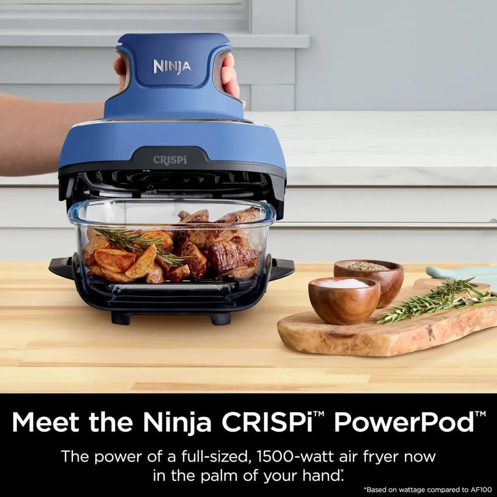 Ninja Crispi FN103 Freidora de Aire Portátil 5 en 1, Sistema de Cocción de Vidrio TempWare de 1500 W, 3 Recipientes de 3.8 L, 2.4 L y 1.4 L, Libre de PFAS, Azul (Reacondicionado)