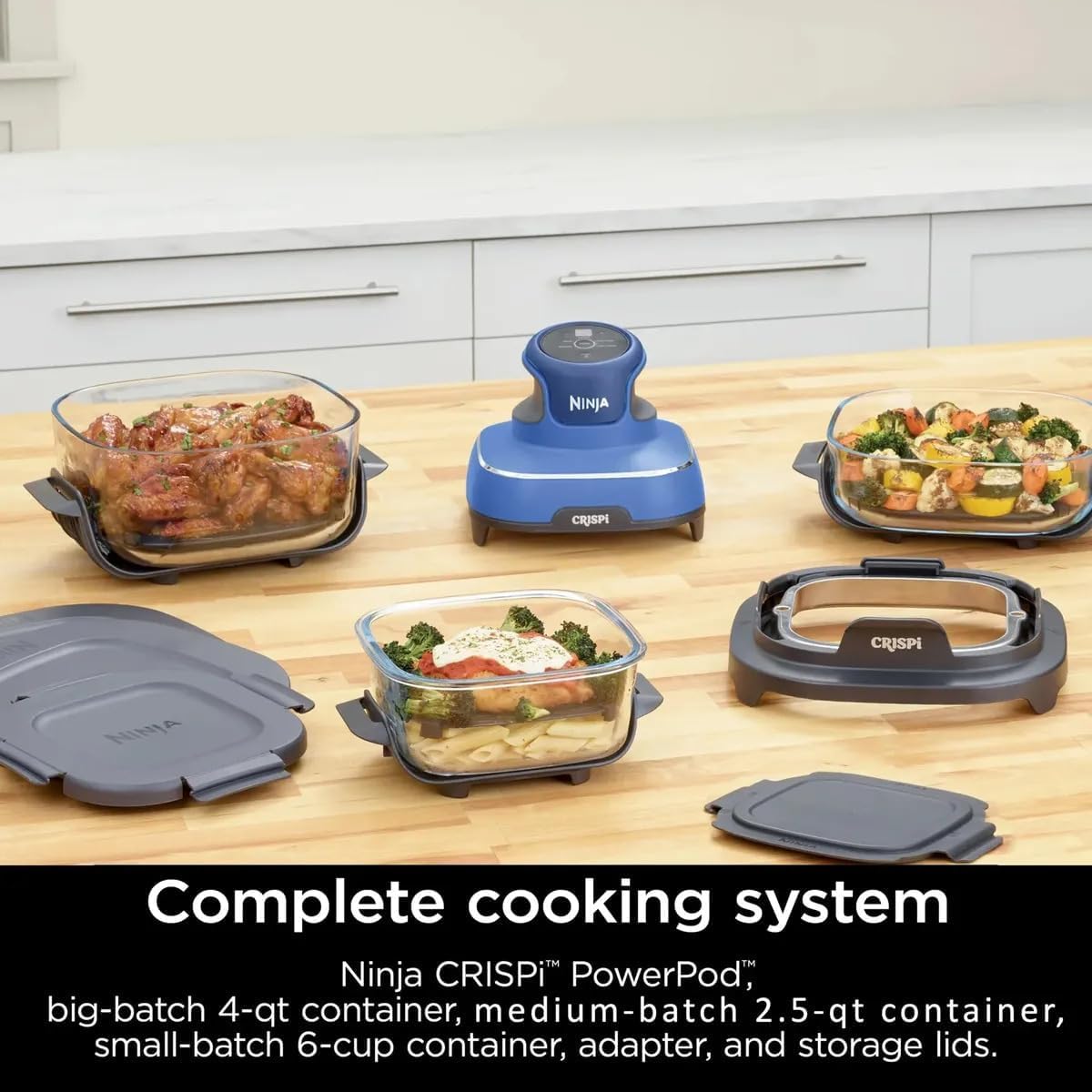 Ninja Crispi FN103 Freidora de Aire Portátil 5 en 1, Sistema de Cocción de Vidrio TempWare de 1500 W, 3 Recipientes de 3.8 L, 2.4 L y 1.4 L, Libre de PFAS, Azul (Reacondicionado)