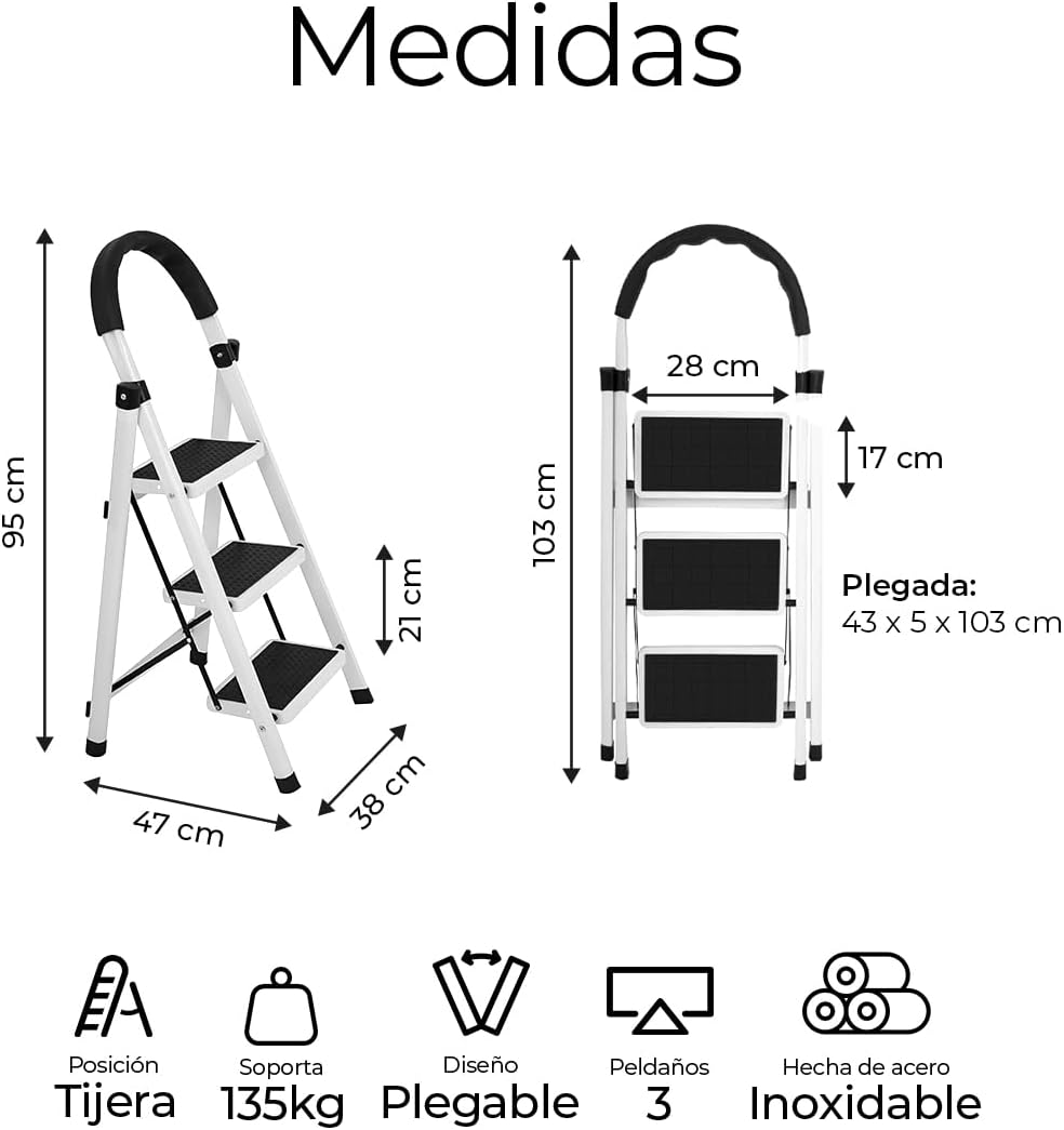 Raganet, Escalera de Tijera de 3 Peldaños, Escalera Tubular, Escalera Plegable Hecha de Acero Inoxidable, Escalones y Patas Antideslizantes, Altura Maxima 111cm Color Blanco (3 Peldaños)