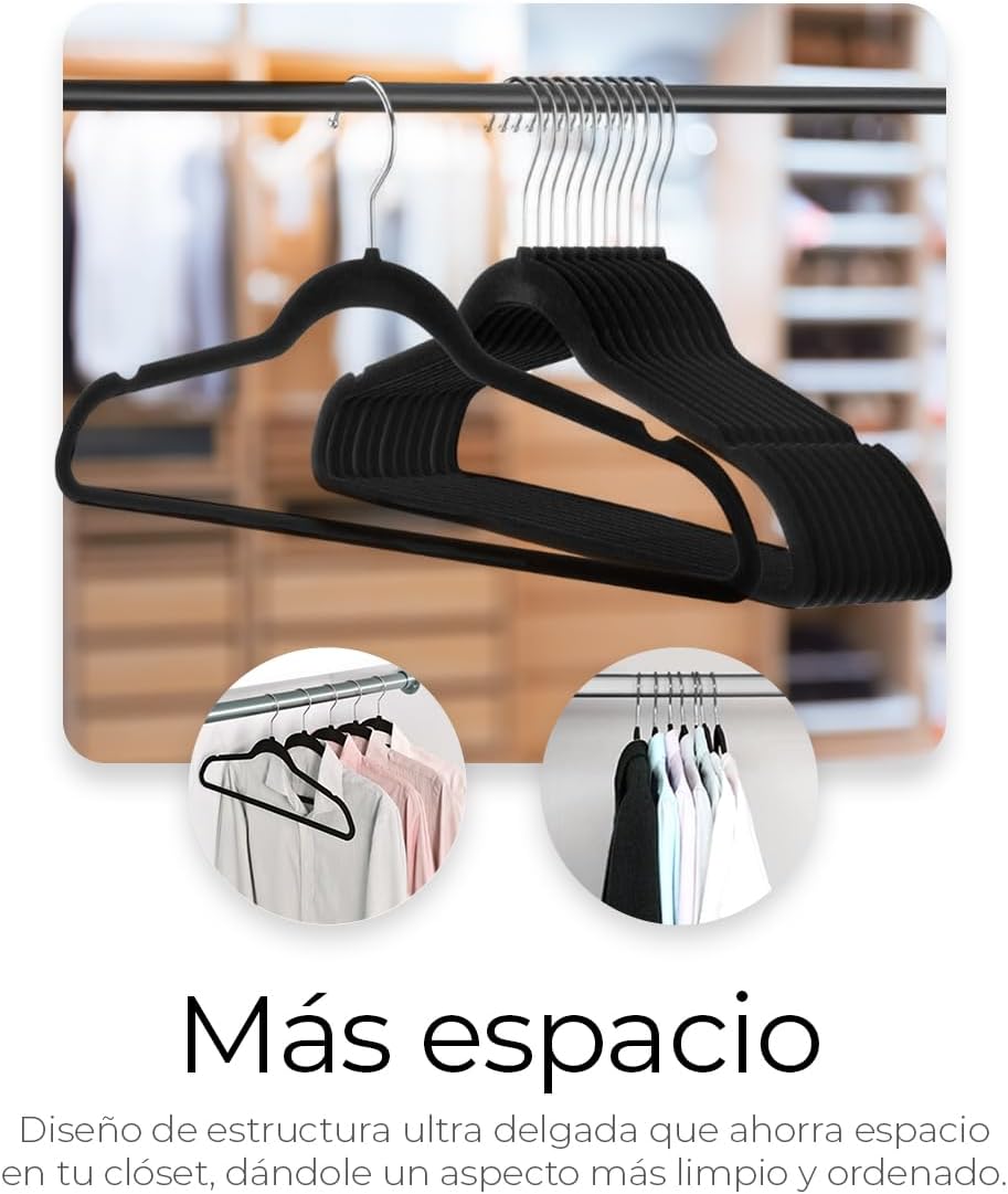 RagaBasics, Set de 50 Ganchos Metalicos Cubiertos con Terciopelo, Perchas de Alta Calidad, Gancho con Rotacion 360°, Ganchos Antideslizantes y Resistentes (Negro)