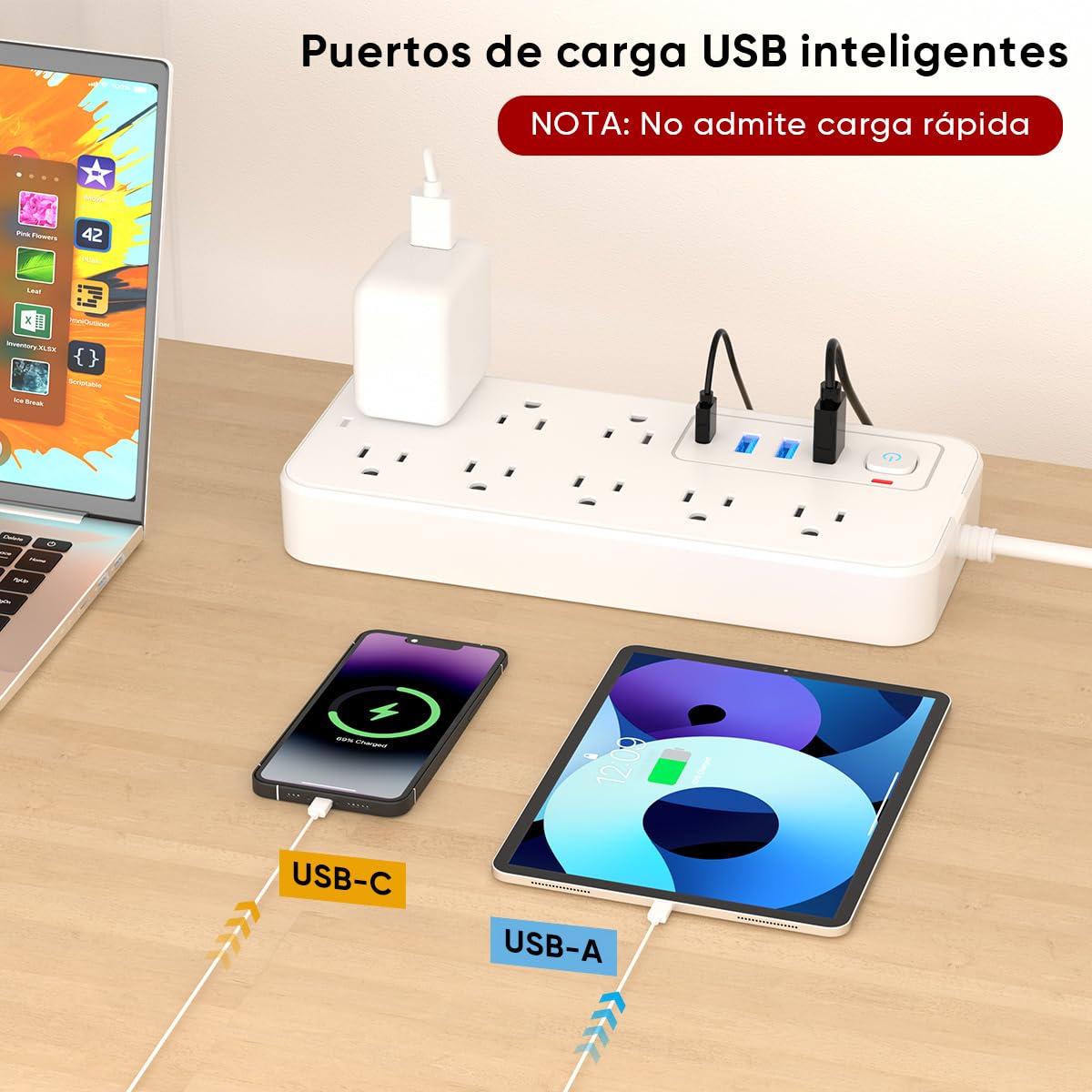 LUKITO Multicontacto Regleta 12 En1, Extensión Eléctrica con Protección contra Sobrecargas, Conector Multiple para Escritorio con Cable De 1.8m, 8 Salidas CA Y 4 Puertos USB (1 USB-c)