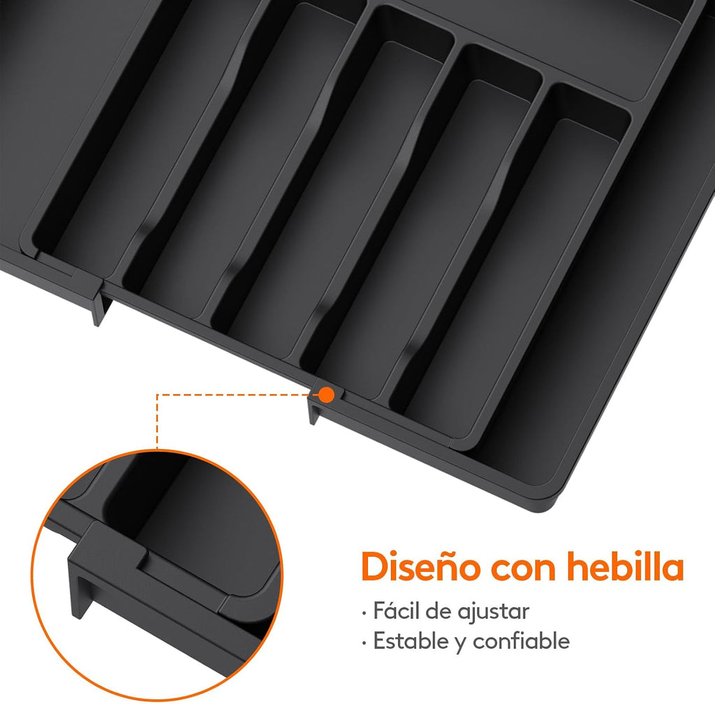 Lifewit Organizador de cubiertos, bandeja extensible para cubiertos, cubertero para cajón de cocina, organizador ajustable y compacto para cucharas, tenedores y cuchillos, grande, negro