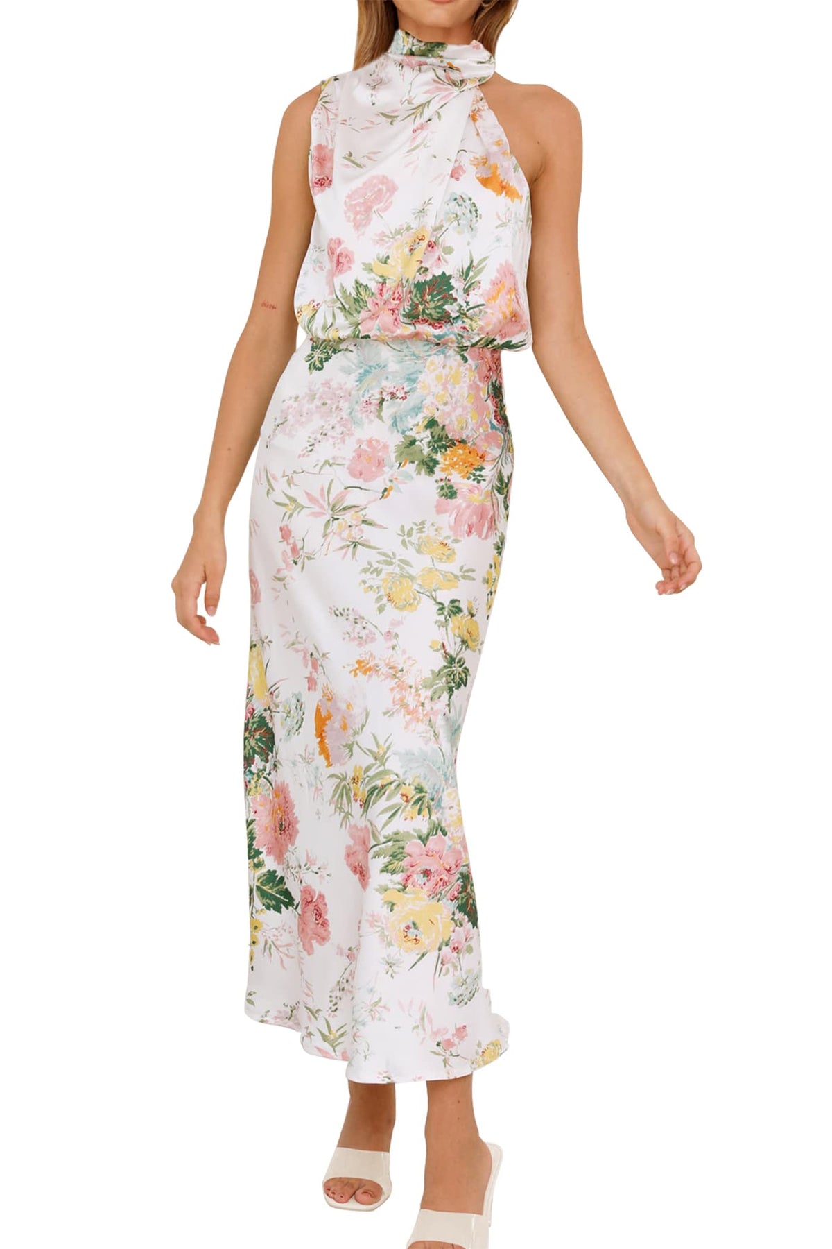 PRETTYGARDEN Vestido largo de satén para mujer, estilo cóctel de verano