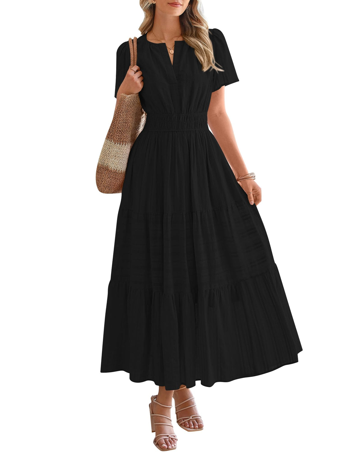 BTFBM - Vestido largo casual de verano 2025 midi y maxi para mujer, ligero, manga corta, cuello en V, cintura elástica, con bolsillos, estilo bohemio para playa