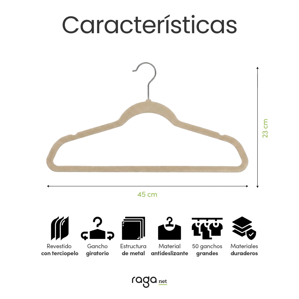 RagaBasics, Set de 50 Ganchos Metalicos Cubiertos con Terciopelo, Perchas de Alta Calidad, Gancho con Rotacion 360°, Ganchos Antideslizantes y Resistentes (Negro)