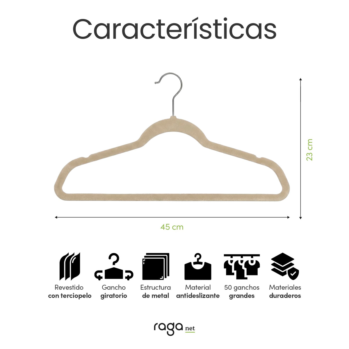 RagaBasics, Set de 50 Ganchos Metalicos Cubiertos con Terciopelo, Perchas de Alta Calidad, Gancho con Rotacion 360°, Ganchos Antideslizantes y Resistentes (Negro)
