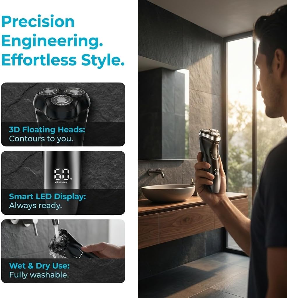 Afeitadora Eléctrica,Pantalla LED inteligente Shaver,Totalmente Lavable,Recortadora Barba Multifuncional para Barba, Nariz, Cabello