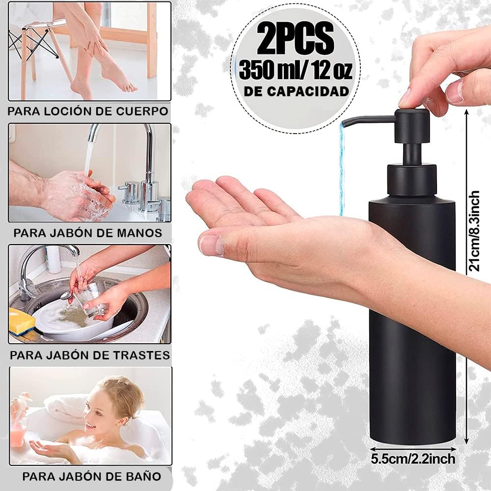 Timotech Dispensador de jabón de Acero Inoxidable de 12 onzas (2 Piezas) Dispensador de Jabón de Metal Negro Mate, Dispensador de jabón con Bomba, Contenedor de jabón para Cocina y baño