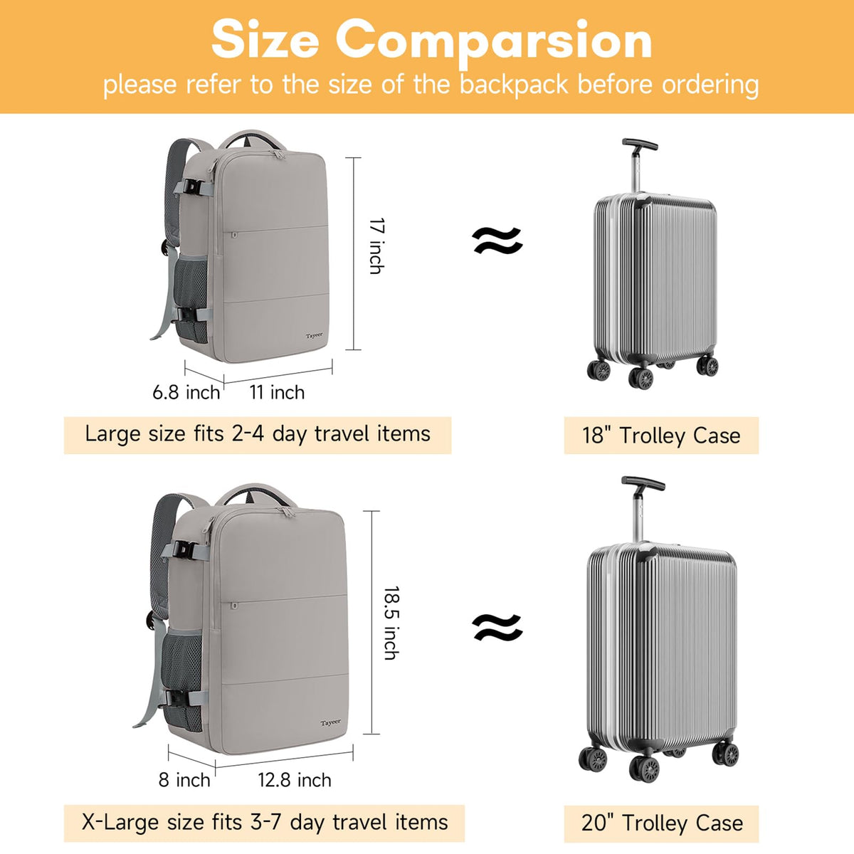 Mochila de viaje Taygeer de 35L, 10 kg para avión, para hombre y mujer, negra